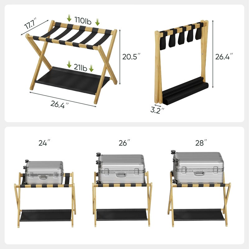 Smart FENDEE Luggage Rack, Folding Luggage Rack for Guest Room, Bamboo Suitcase Stand Holds up to 131 lb, Luggage Stand with Storage Shelf for Hotel, Bedroom (1 Pack) - Image 3